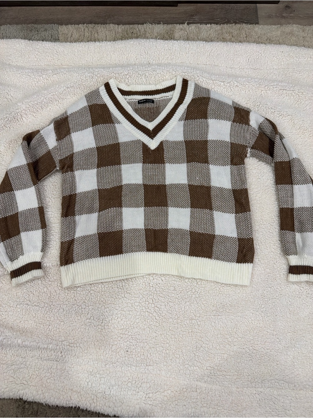 SHEIN Brown and Cream Buffalo Check V-Neck Sweater